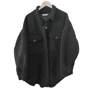 Good American Black Sherpa Teddy Fleece Shacket Oversized‎ Jacket Coat